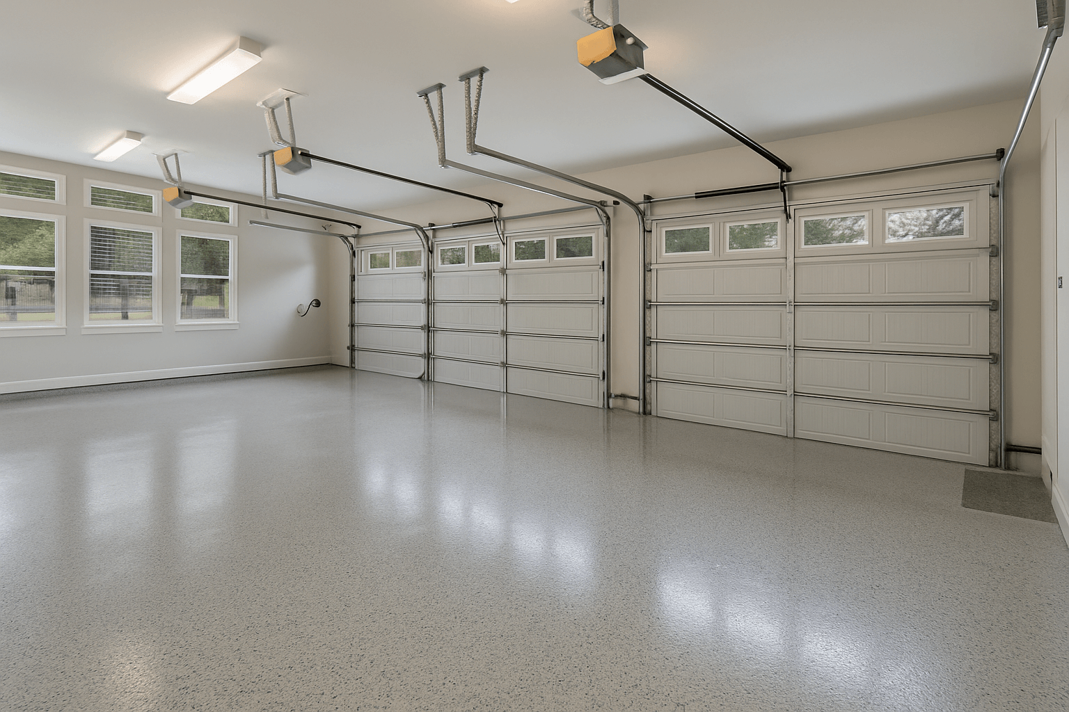 Epoxy full flake garage floor with high-gloss finish in a modern residential garage