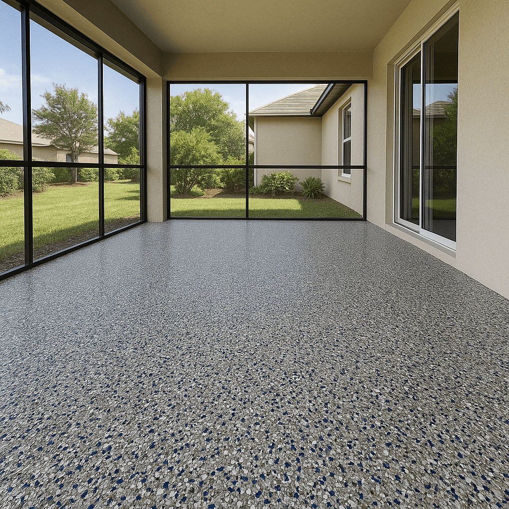 Lanai patio with light gray epoxy flake flooring and screened enclosure