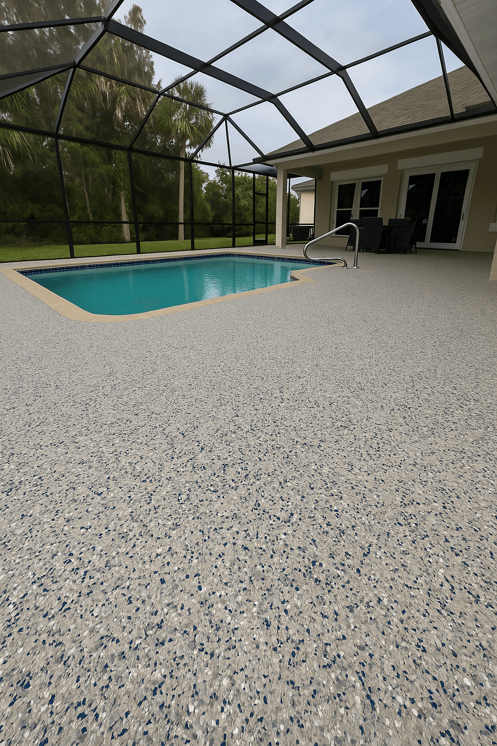 Pool patio finished with an epoxy flake flooring system under bright daylight.