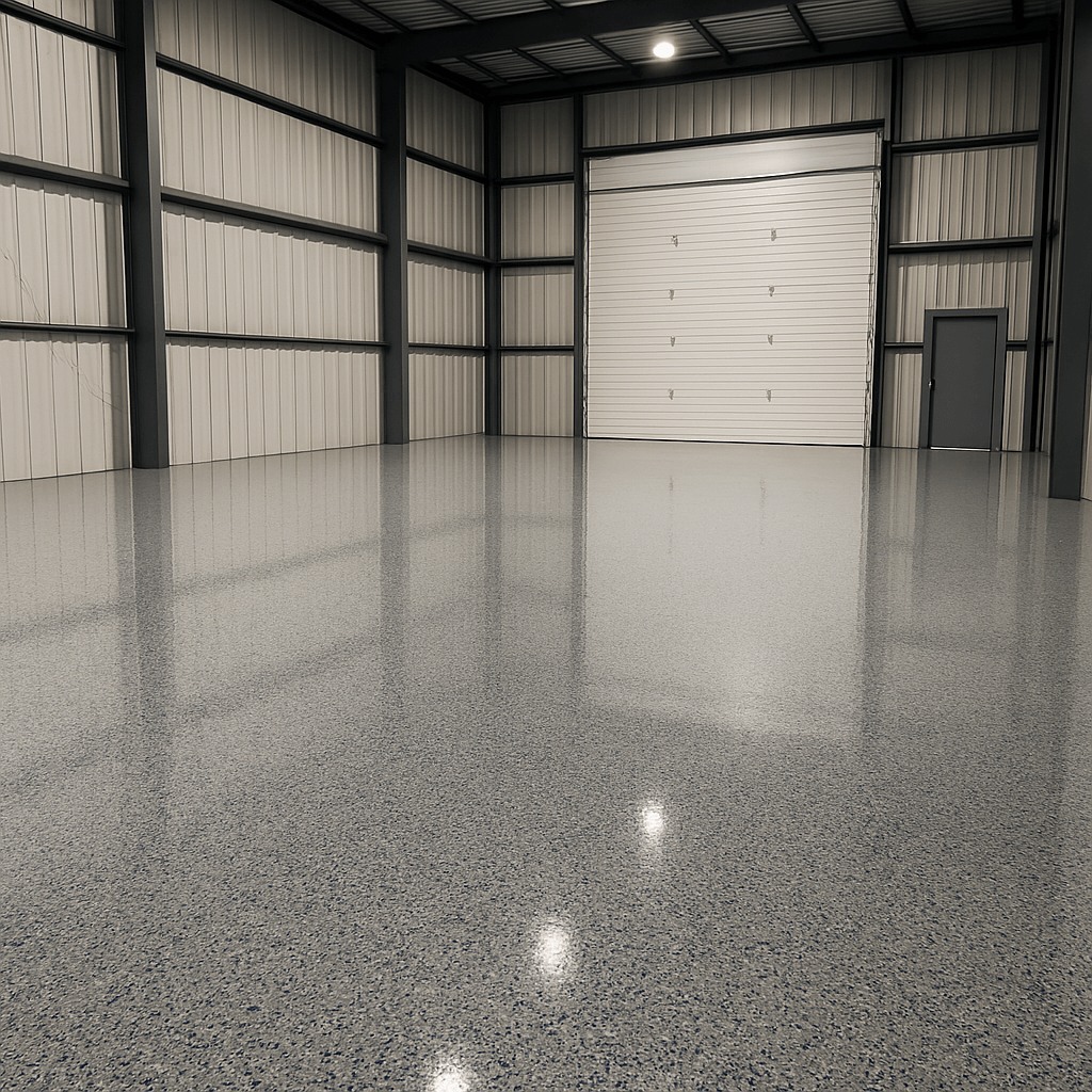 Epoxy flake flooring in a spacious commercial warehouse