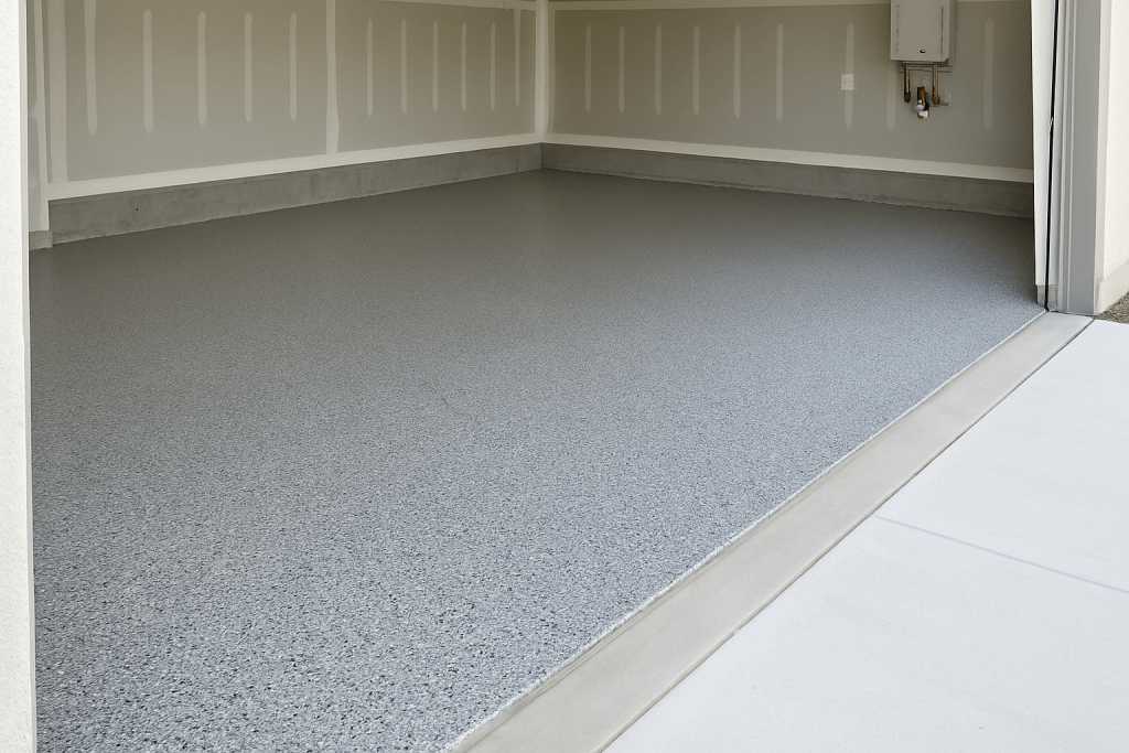 Freshly coated residential garage with seamless flake floor system, gray finish