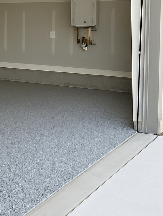 Freshly coated residential garage with seamless flake floor system, gray finish